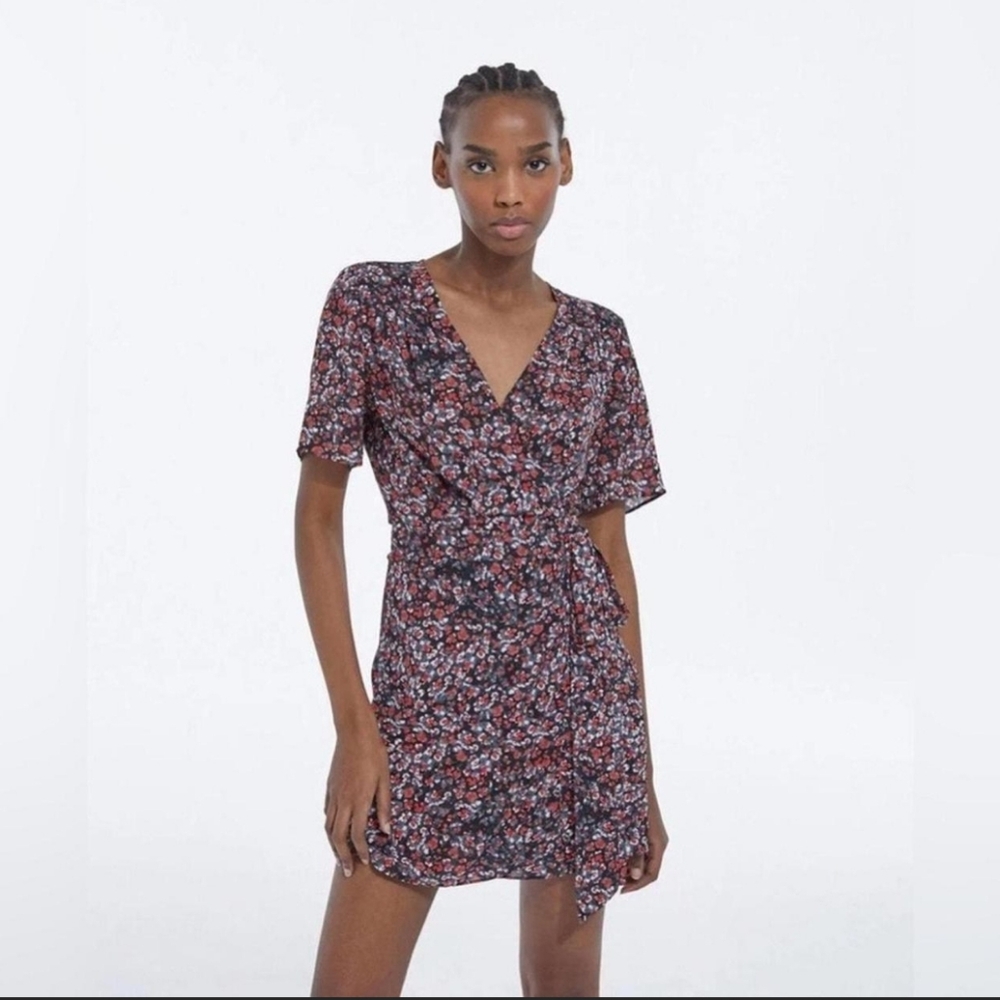 The Kooples‎ Red and Black Abstract Floral Faux Wrap Dress Viscose